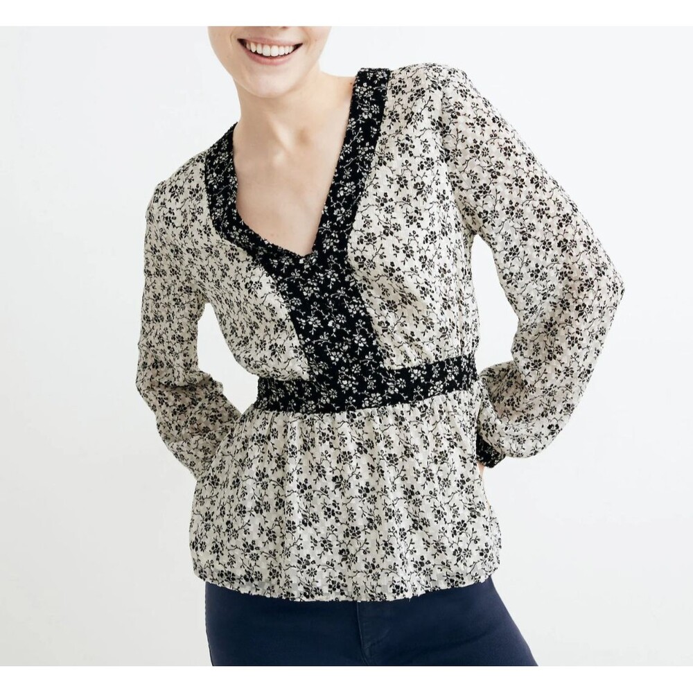 Madewell V-Neck Peplum Top in Clipdot Branch Floral Black White Blouse - XS